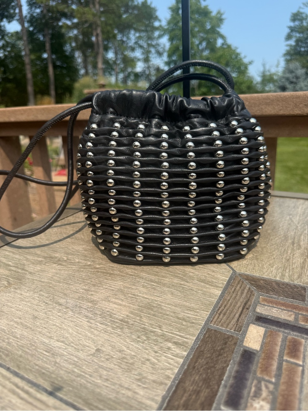 EUC Zara Ball Studded Drawstring Bucket Bag Softest Leather Feel Black Silver - Picture 5 of 9